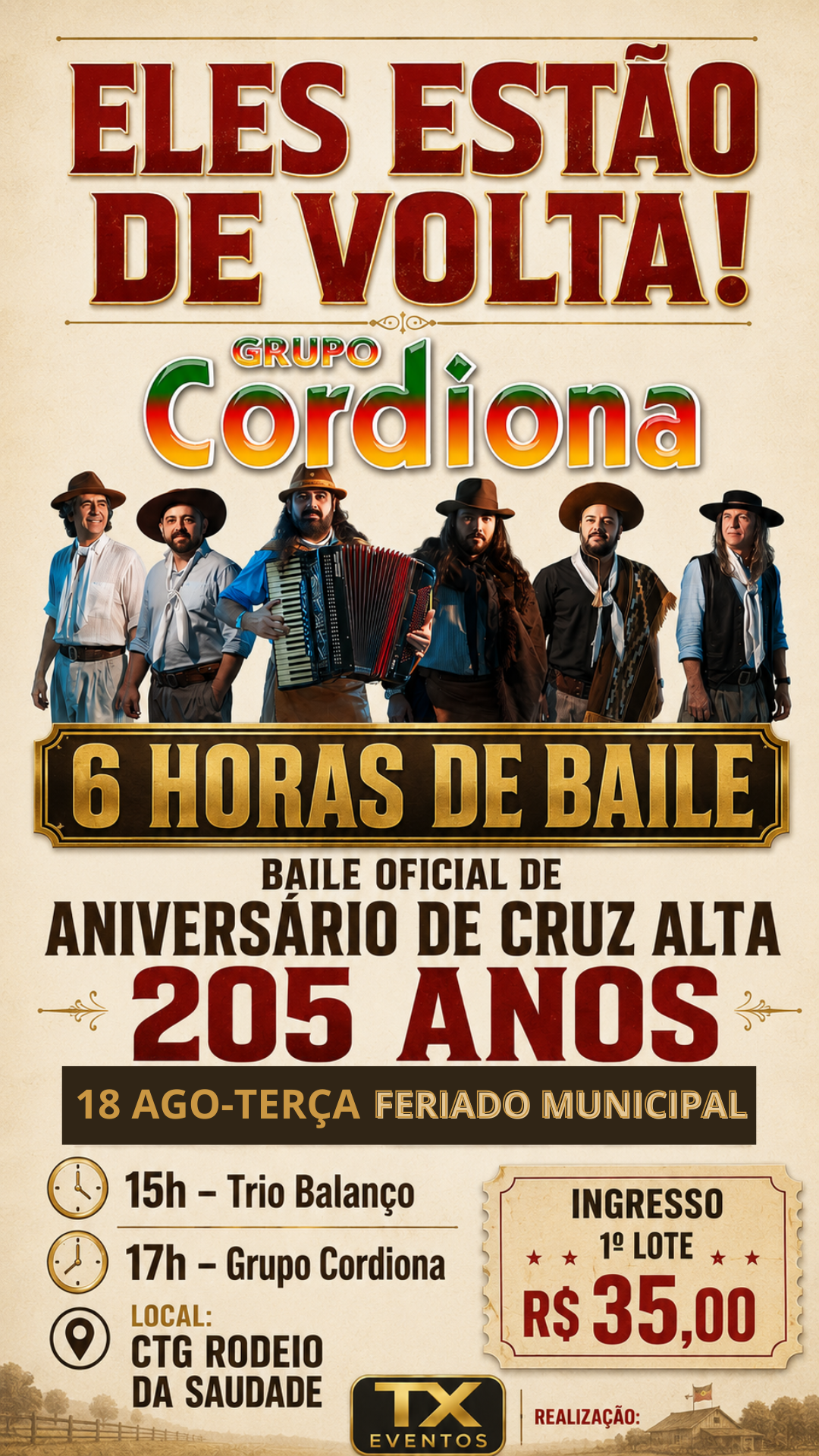Cartaz do evento Baile Oficial de Aniversário de Cruz Alta — 205 anos